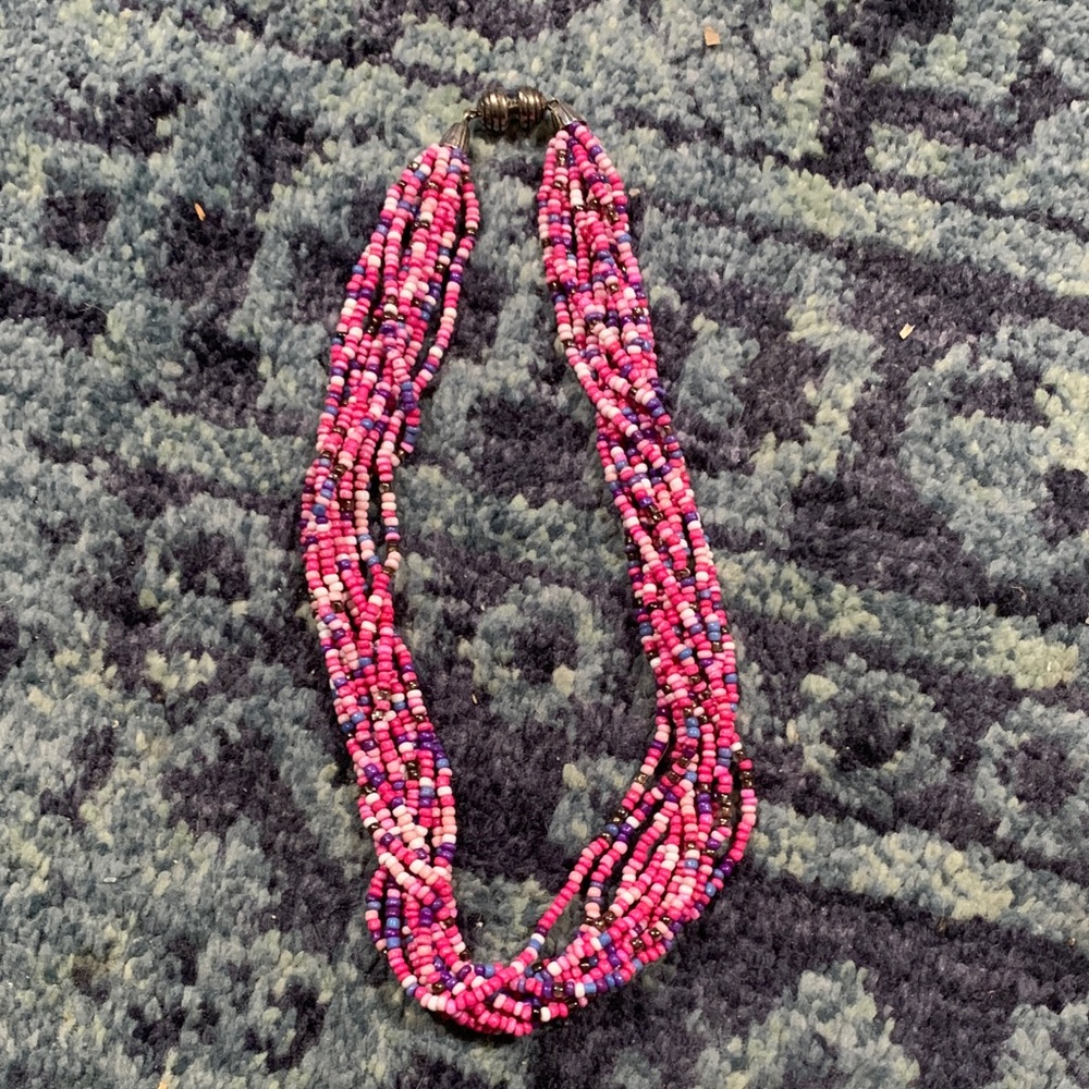 Vintage 14” ten strand pink, white and purple glass seed bead choker,screw clasp